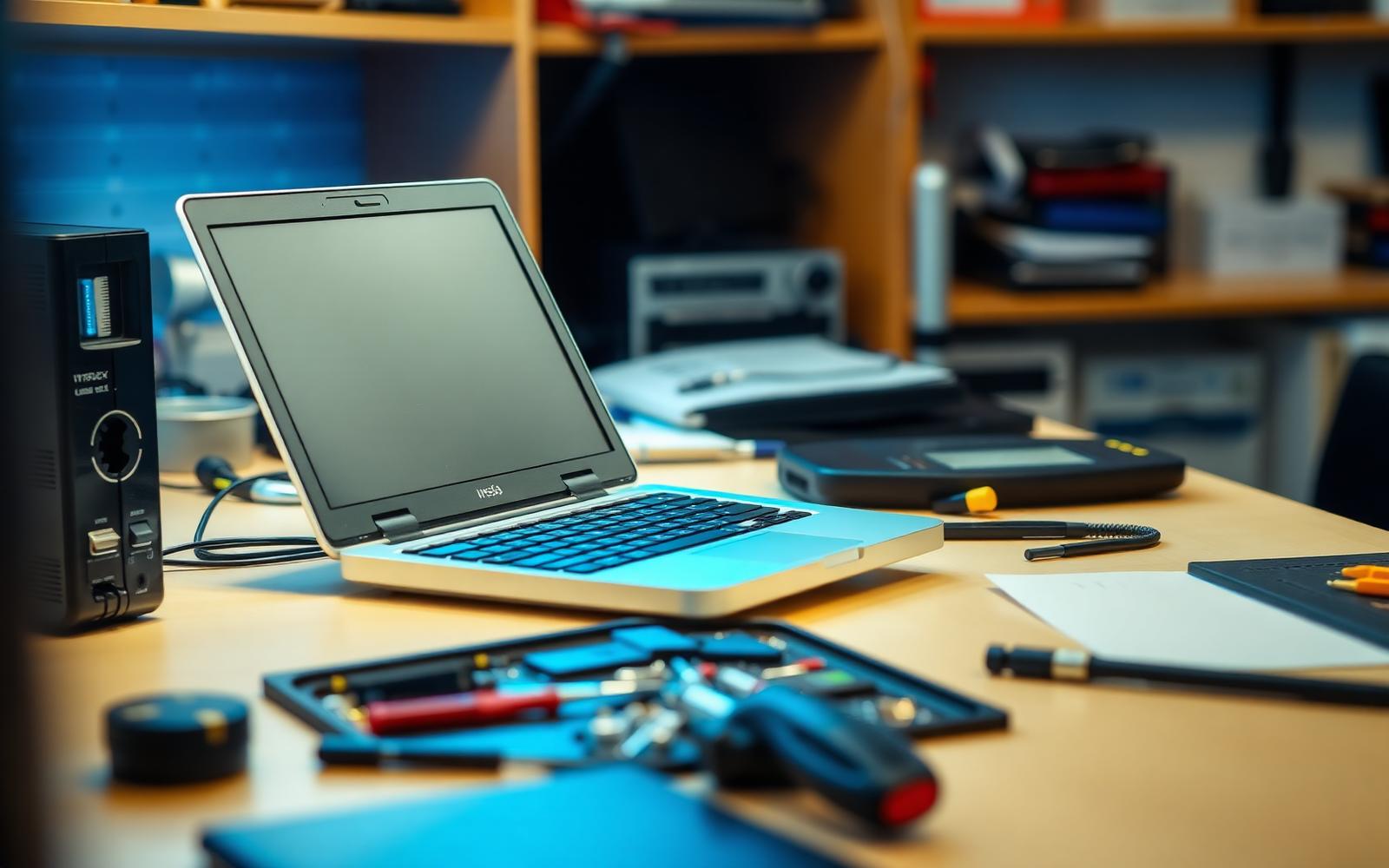 Bancada de assistência técnica com notebook aberto e ferramentas