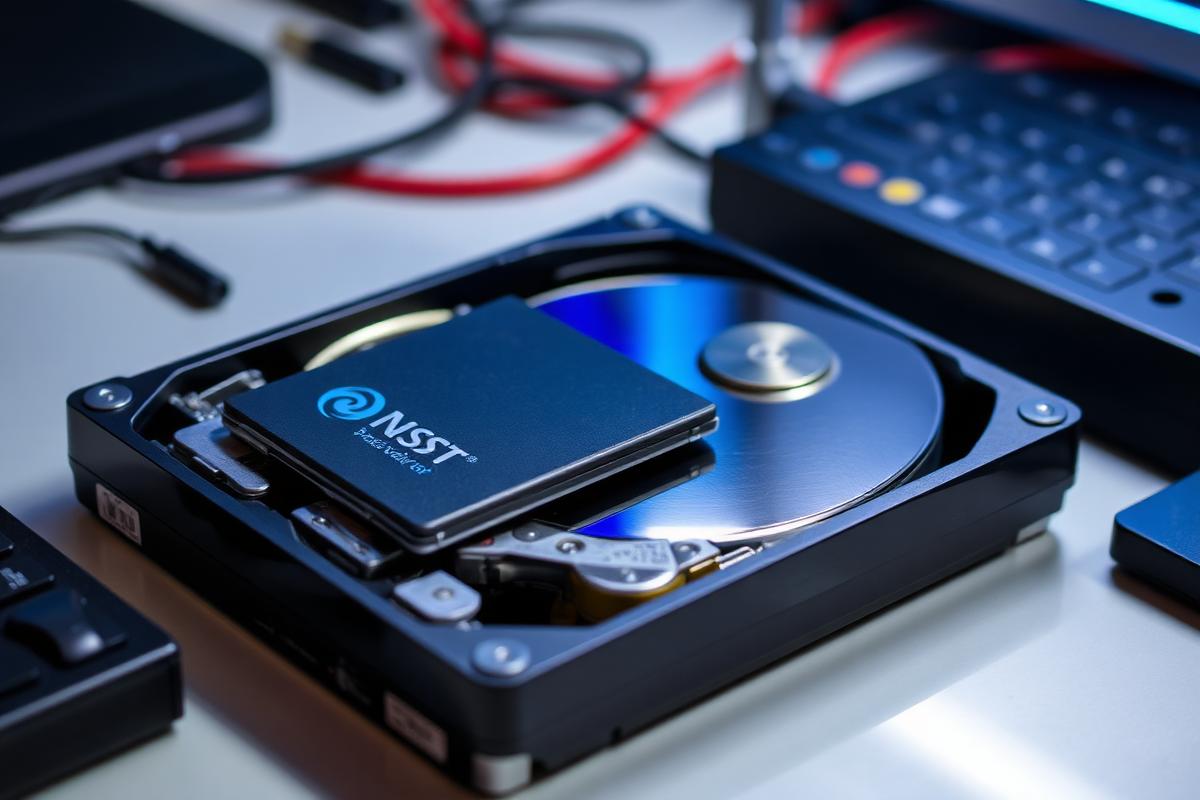HD aberto e SSD sobre bancada para recuperação de dados