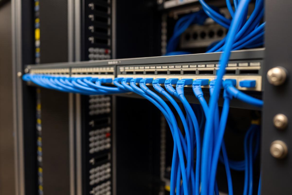 Rack de rede com cabeamento estruturado e patch panel